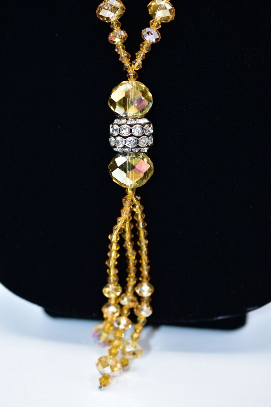 Vintage Crystal Beaded Tassel Necklace Pave Rhinestone Ball Necklace 90s BinG